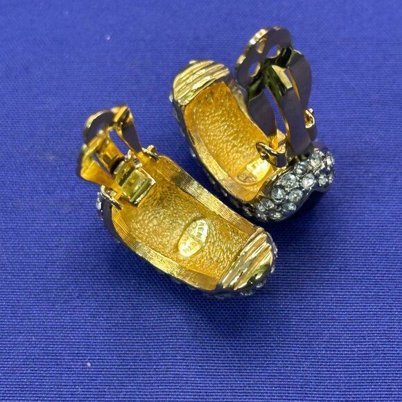 VTG Kenneth Lane Gold-Tone, Black Enamel & Clear Crystal Clip Earrings - Picture 6 of 16